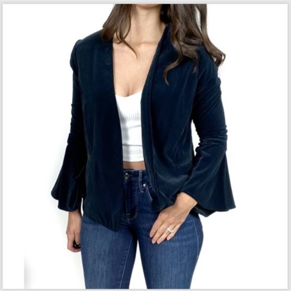 Drew Velvet Open Front Jacket Navy Flare Sleeve LV21260/121 Women's Size XS
